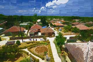 illustration,material,free,landscape,picture,painting,color pencil,crayon,drawing,Taketomi-jima Island town area, roof, Okinawa, tile, cloud