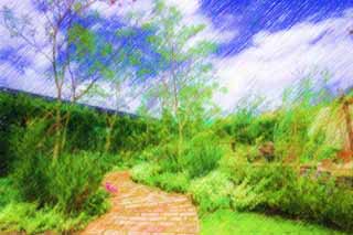 illust, matire, libre, paysage, image, le tableau, crayon de la couleur, colorie, en tirant,Un chemin du jardinage, Jardiner, brique, , arbre de jardin