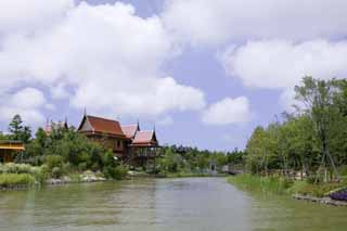 fotografia, material, livra, ajardine, imagine, proveja fotografia,Um waterside de um mar bream-como edifcio, Terra tailandesa, sebream, telhado, rio