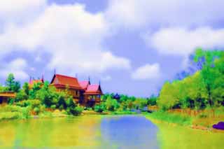 illust, materiell, befreit, Landschaft, Bild, Gemlde, Farbbleistift, Wachsmalstift, Zeichnung,,Ein Ufer eines Meeres Stachelflosser-wie das Bauen, Thailndisches Land, sebream, Dach, Fluss