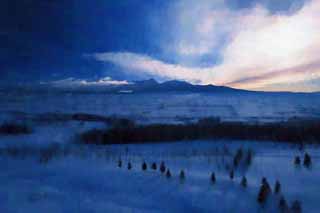 illust, matire, libre, paysage, image, le tableau, crayon de la couleur, colorie, en tirant,Matin de Furano, champ neigeux, montagne, arbre, champ