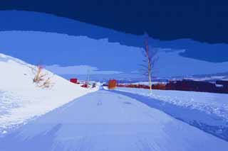 illustration,material,free,landscape,picture,painting,color pencil,crayon,drawing,A snow-covered road straight line, Icy roads, blue sky, snowy field, It is snowy