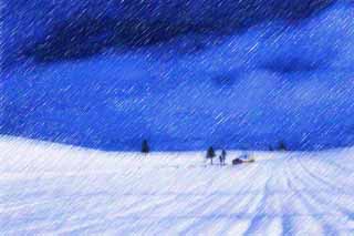 Illust, materieel, vrij, landschap, schilderstuk, schilderstuk, kleuren potlood, crayon, werkje,Een klein huis van een snowy veld, Besneeuwd veld, Wolk, Huis, Blauwe lucht