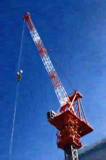 illustration,material,free,landscape,picture,painting,color pencil,crayon,drawing,A super large-sized crane, crane, Red and white, Construction, heavy industrial machine