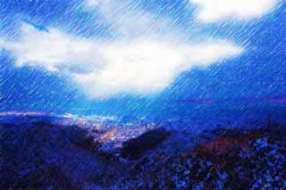 Illust, materieel, vrij, landschap, schilderstuk, schilderstuk, kleuren potlood, crayon, werkje,Een stem van de lucht, Het is besneeuwd, Maak, Gifu, Stad