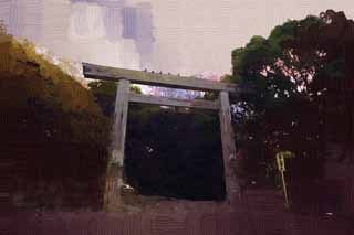 illustration,material,free,landscape,picture,painting,color pencil,crayon,drawing,Atsuta-jingu Shrine torii, Shinto shrine, torii, The gate, Religion