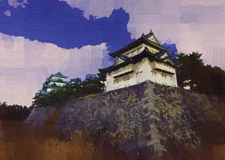 illust,tela,gratis,paisaje,fotografa,idea,pintura,Lpiz de color,dibujo,Nagoya - Castle de jo, Lucio de orca, Castillo, La torre de castillo, Ishigaki