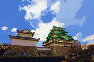 illust,tela,gratis,paisaje,fotografa,idea,pintura,Lpiz de color,dibujo,Nagoya - Castle de jo, Lucio de orca, Castillo, La torre de castillo, Ishigaki