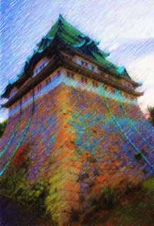 illustration,material,free,landscape,picture,painting,color pencil,crayon,drawing,Nagoya-jo Castle, killer whale pike, castle, The castle tower, 