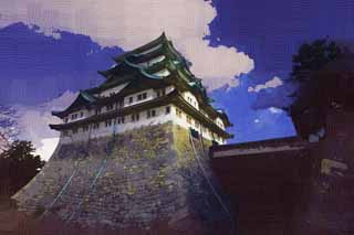 illustration,material,free,landscape,picture,painting,color pencil,crayon,drawing,Nagoya-jo Castle, killer whale pike, castle, The castle tower, 