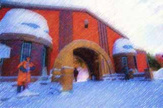 Illust, materieel, vrij, landschap, schilderstuk, schilderstuk, kleuren potlood, crayon, werkje,De Abashiri gevangenis poort, Abashiri kerker, De poort, Baksteen, 