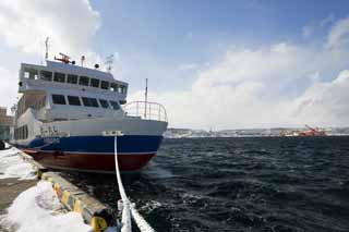 fotografia, materiale, libero il panorama, dipinga, fotografia di scorta,Aurora del porto di Abashiri, nave, Una nave rompighiaccio, onda, cielo blu