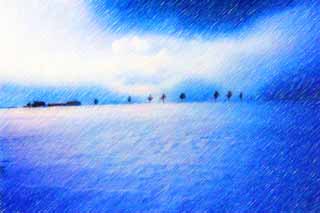 illustration,material,free,landscape,picture,painting,color pencil,crayon,drawing,A hill of a fairy tale, tree, snowy field, blue sky, cloud
