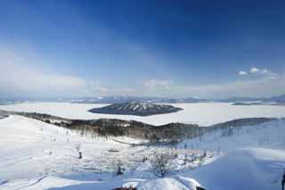 fotografia, material, livra, ajardine, imagine, proveja fotografia,Lago de Kussharo de Passagem de Bihoro, Lago de Kussharo, Est nevado, campo nevado, cu azul