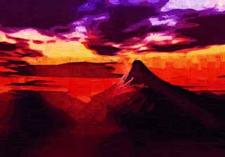 illust, materiell, befreit, Landschaft, Bild, Gemlde, Farbbleistift, Wachsmalstift, Zeichnung,,Spitzer Winkel Mt. Fuji, Stiel des Lichtes, Wolke, Fuji, Das Meer