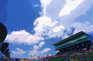 illust, materiale, libero panorama, ritratto dipinto, matita di colore disegna a pastello, disegnando,Il cielo di Circuito di Suzuka, ippodromo, Terra che corre, circuito, Le bancarelle