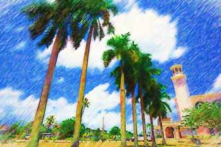 Illust, materieel, vrij, landschap, schilderstuk, schilderstuk, kleuren potlood, crayon, werkje,Het is een kokosnoot boom binnen het heiligdom, Lasi, Palm, Kokosnoot boom, De Catholic Church