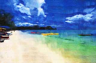 illust, matire, libre, paysage, image, le tableau, crayon de la couleur, colorie, en tirant,Une plage de Golfe de Tumon, plage sablonneuse, Eau de mer, parapluie de plage, kayak