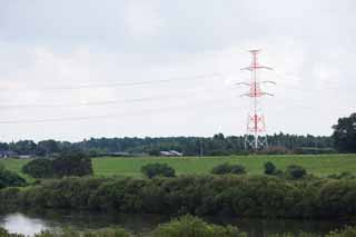 Foto, materieel, vrij, landschap, schilderstuk, bevoorraden foto,Geheugen van Kasukabe, Hoogte-spanning lijn, Rivier, Stale toren, 