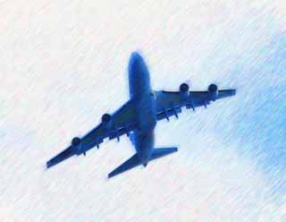 illust, matire, libre, paysage, image, le tableau, crayon de la couleur, colorie, en tirant,Un jet, Un avion, avion du passager, Le ciel, jet