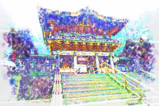 illust, matire, libre, paysage, image, le tableau, crayon de la couleur, colorie, en tirant,Le Tosho-gu Temple porte lgre positive, La porte lgre positive, patrimoine de l'humanit, sculpture, Je suis luxueux