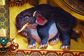 Illust, materieel, vrij, landschap, schilderstuk, schilderstuk, kleuren potlood, crayon, werkje,Een olifants van de verbeelding van Tosho-gu Heiligdom, Een olifants van de verbeelding, Goud vel, Een beest, 