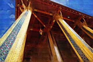 illustration,material,free,landscape,picture,painting,color pencil,crayon,drawing,A pillar of the Temple of the Emerald Buddha main hall of a Buddhist temple, Gold, Buddha, Temple of the Emerald Buddha, Sightseeing