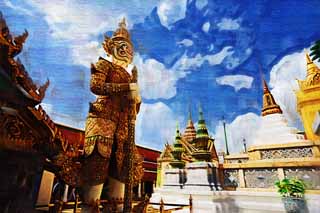 illustration,material,free,landscape,picture,painting,color pencil,crayon,drawing,A Thai guardian deity, Gold, Buddha, Temple of the Emerald Buddha, Sightseeing