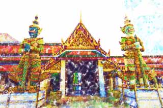 Illust, materieel, vrij, landschap, schilderstuk, schilderstuk, kleuren potlood, crayon, werkje,EEN Thailander beschermer godheid, Goud, Boeddha, Tempel van de Smaragd Boeddha, Bezoekende touristenplaats
