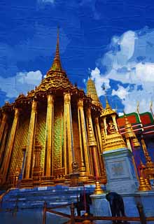 illustration,material,free,landscape,picture,painting,color pencil,crayon,drawing,Pula mon dop, Gold, Buddha, Temple of the Emerald Buddha, Sightseeing