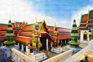 Illust, materieel, vrij, landschap, schilderstuk, schilderstuk, kleuren potlood, crayon, werkje,EEN Thailander beschermer godheid, Goud, Boeddha, Tempel van de Smaragd Boeddha, Bezoekende touristenplaats