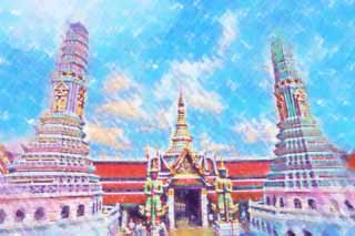 illustration,material,free,landscape,picture,painting,color pencil,crayon,drawing,A tower of Temple of the Emerald Buddha, Gold, Buddha, Temple of the Emerald Buddha, Sightseeing