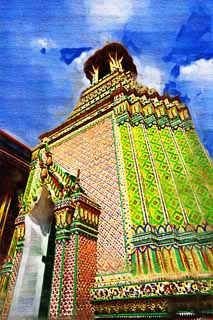 Illust, materieel, vrij, landschap, schilderstuk, schilderstuk, kleuren potlood, crayon, werkje,Belfort van De tempel van de Emerald Buddha, Goud, Boeddha, Tempel van de Smaragd Boeddha, Bezoekende touristenplaats