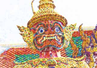 Illust, materieel, vrij, landschap, schilderstuk, schilderstuk, kleuren potlood, crayon, werkje,EEN Thailander beschermer godheid, Goud, Boeddha, Tempel van de Smaragd Boeddha, Bezoekende touristenplaats