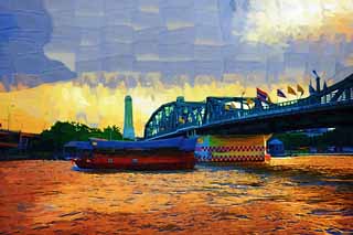 illust, materiell, befreit, Landschaft, Bild, Gemlde, Farbbleistift, Wachsmalstift, Zeichnung,,Chao Phraya und ein Schiff, Schiff, Brcke, Strmung, Der Menam