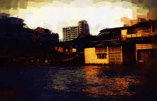 illust, materiale, libero panorama, ritratto dipinto, matita di colore disegna a pastello, disegnando,La banca di un fiume di Chao Phraya , casa abbandonata, costruendo, flusso, Il Menam