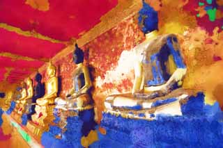 illust, materiell, befreit, Landschaft, Bild, Gemlde, Farbbleistift, Wachsmalstift, Zeichnung,,Ein Bild von Wat Suthat, Tempel, Buddhistisches Bild, Korridor, Bangkok