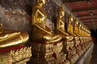 photo, la matire, libre, amnage, dcrivez, photo de la rserve,Une ligne de l'image bouddhiste d'or de Wat Suthat, temple, Image bouddhiste, couloir, Or