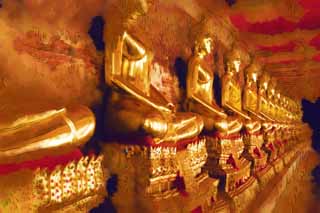 illustration,material,free,landscape,picture,painting,color pencil,crayon,drawing,A golden Buddhist image line of Wat Suthat, temple, Buddhist image, corridor, Gold