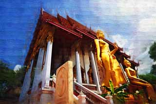 illustration,material,free,landscape,picture,painting,color pencil,crayon,drawing,Lucky Buddha, temple, Buddhist image, Gold, Bangkok