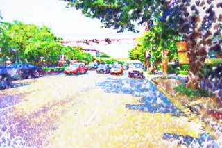 illust, matire, libre, paysage, image, le tableau, crayon de la couleur, colorie, en tirant,Route de Bangkok, voiture, motocyclette, route, Asphalte