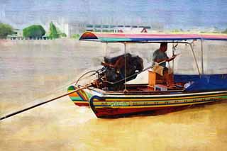 illust, materiell, befreit, Landschaft, Bild, Gemlde, Farbbleistift, Wachsmalstift, Zeichnung,,Ein Motor direktes Verbindungsboot, Ein Motor, Schiff, Schraube, Bangkok