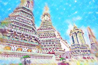 illustration,material,free,landscape,picture,painting,color pencil,crayon,drawing,Temple of Dawn, temple, Buddhist image, tile, Bangkok