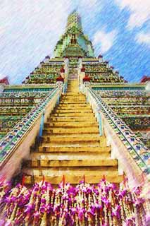 illustration,material,free,landscape,picture,painting,color pencil,crayon,drawing,Temple of Dawn, temple, Buddhist image, tile, Bangkok