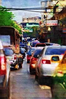 illust, matire, libre, paysage, image, le tableau, crayon de la couleur, colorie, en tirant,Bangkok grand embouteillage populaire, voiture, embouteillage, Circulation, Emprisonnement