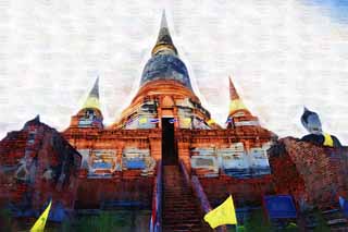 illust, materiale, libero panorama, ritratto dipinto, matita di colore disegna a pastello, disegnando,Giorno di Che di Ayutthaya, pagoda, tempio, Immagine buddista, Ayutthaya rimane