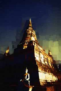 Illust, materieel, vrij, landschap, schilderstuk, schilderstuk, kleuren potlood, crayon, werkje,Che dag van Ayutthaya, Pagoda, Tempel, Boeddhist afbeelding, Ayutthaya verblijft