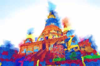 Illust, materieel, vrij, landschap, schilderstuk, schilderstuk, kleuren potlood, crayon, werkje,Che dag van Ayutthaya, Pagoda, Tempel, Boeddhist afbeelding, Ayutthaya verblijft