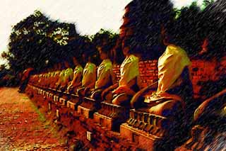 illust, materiell, befreit, Landschaft, Bild, Gemlde, Farbbleistift, Wachsmalstift, Zeichnung,,Ein Buddhistisches Bild von Ayutthaya, Buddhistisches Bild, Buddha, Pagode, Ayutthaya-berreste