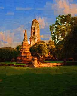 Illust, materieel, vrij, landschap, schilderstuk, schilderstuk, kleuren potlood, crayon, werkje,Wat Phraram, Wereldwijd cultureel heritage, Boeddhisme, Pagoda, Ayutthaya verblijft